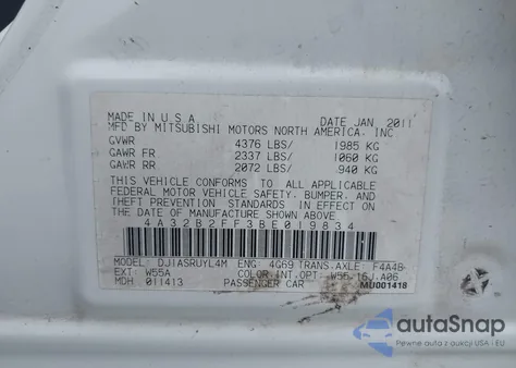 2011 Mitsubishi Galant Fe z USA, uszkodzony, nr VIN 4A32B2FF3BE019834
